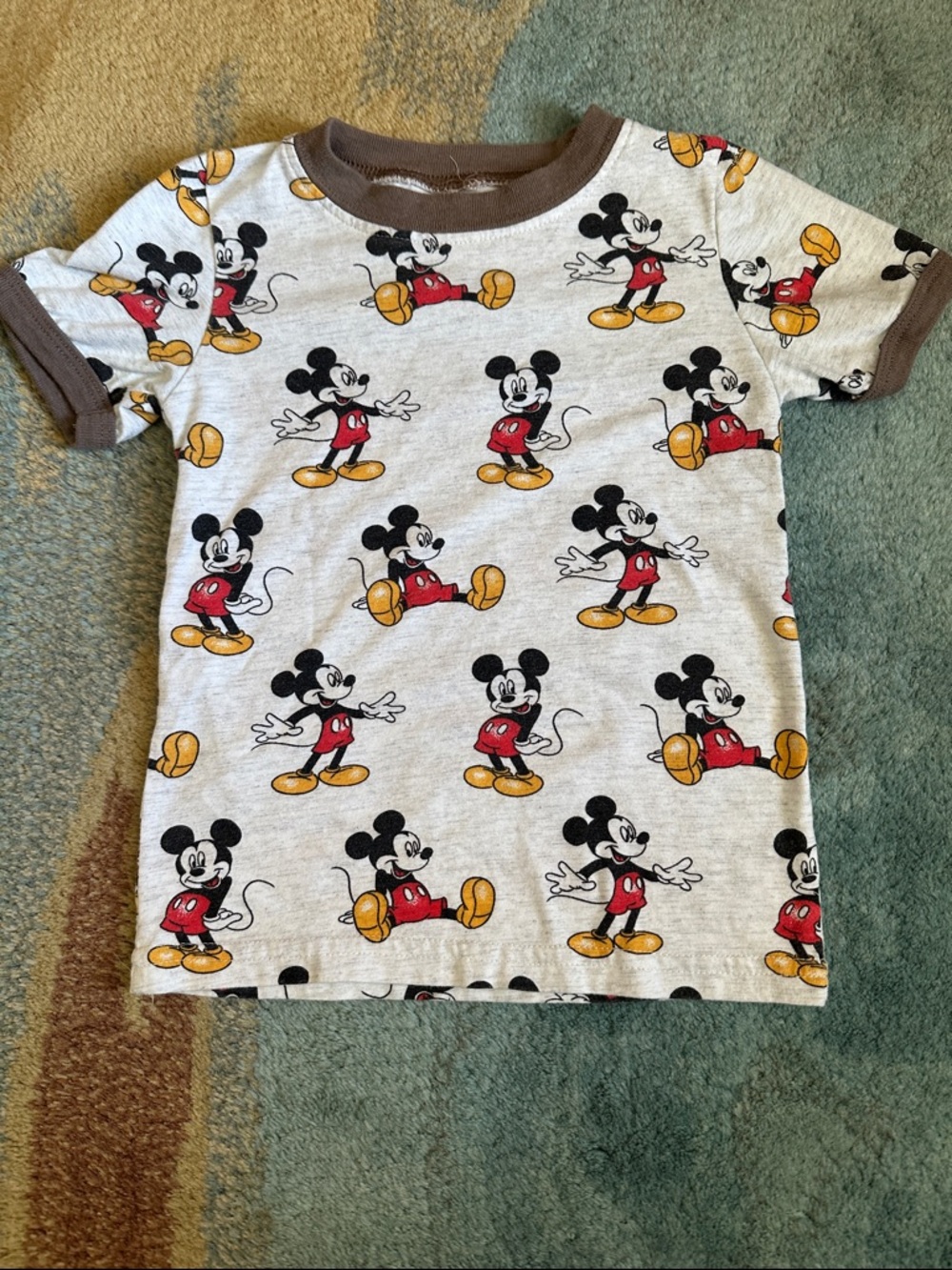 Disney Brown Mickey Mouse Short Sleeve Tee with Red & Yellow Print